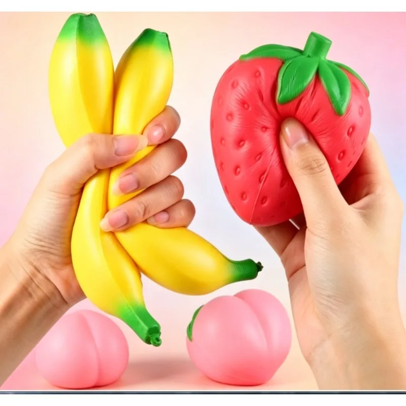 Simulierte Früchte, Bananen, Erdbeeren, Pfirsiche, Stressball, Squishy Squeeze, langsam aufsteigend, Antistress-Spielzeug, Geschenke