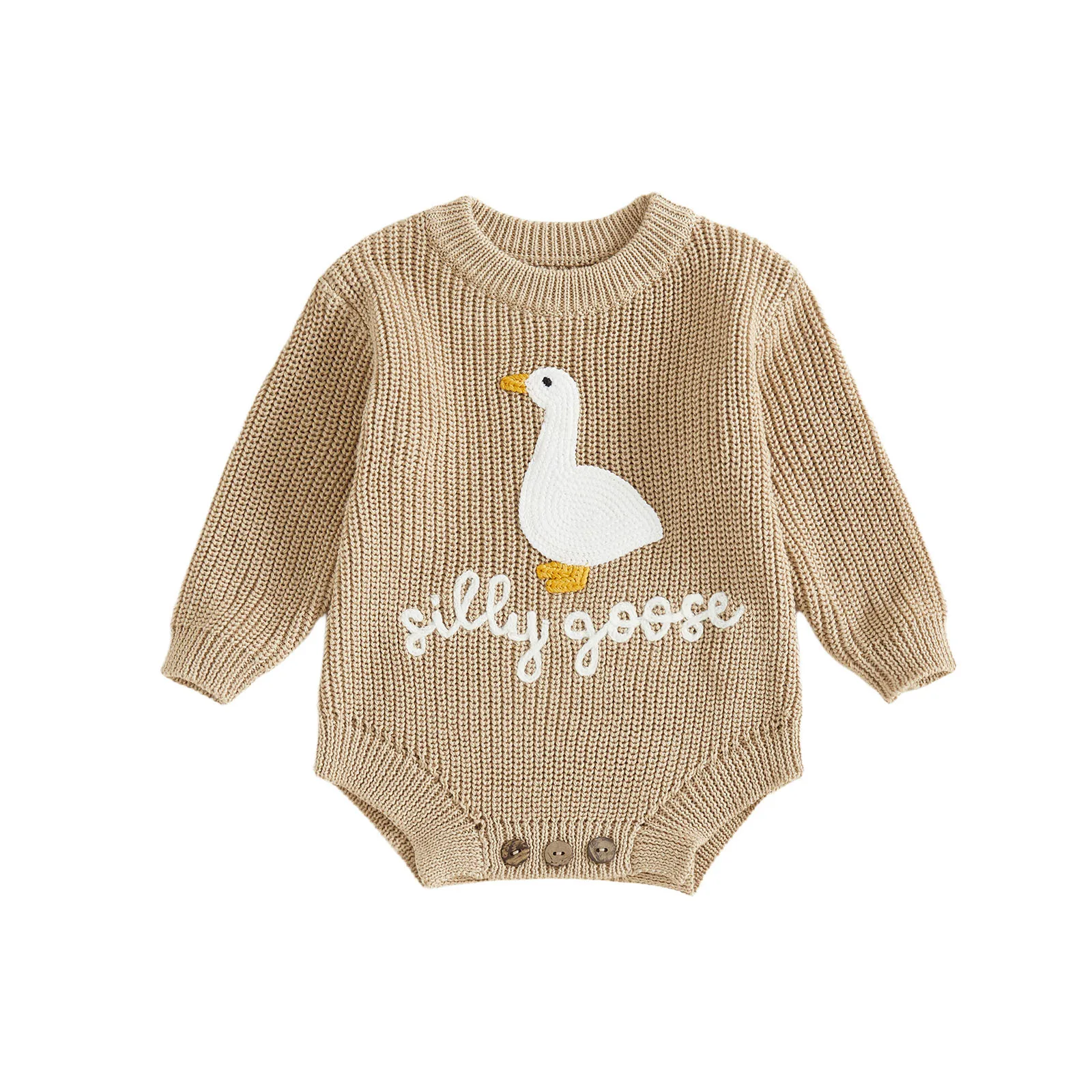 

Infant Baby Knitted Rompers Cute Long Sleeve Round Neck White Goose Letter Embroidery Jumpsuit