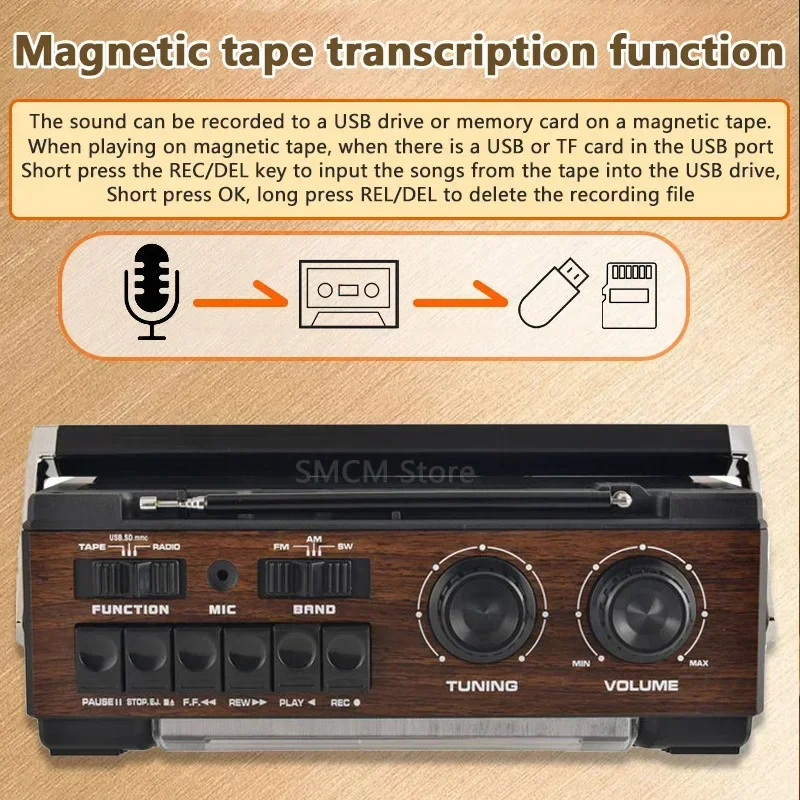 Portable Vintage Retro USB AM/FM/SW Multiband Radio Stereo Wireless Bluetooth Boombox Mp3 Audio Cassette Tape Player Recorder TF