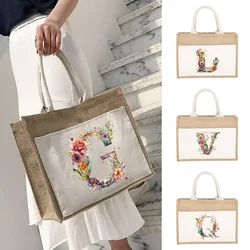 Bolsa de ombro de linho simples para mulheres, estampa de carta floral, imitação de linho amarelo, bolsa de compras