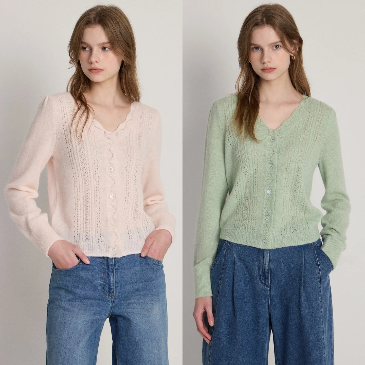 Soft Cozy Knitted Wave Collar Open Cardigan V-Neck Commute Versatile Slimming Knitted Top Korean Style Long Sleeve Pure Color