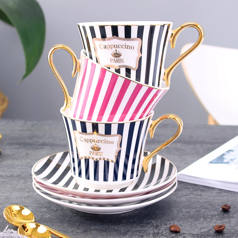 

Simple striped bone China coffee cup exquisite saucer with golden spoon elegant ceramic Paris tea cup porcelain tea cup