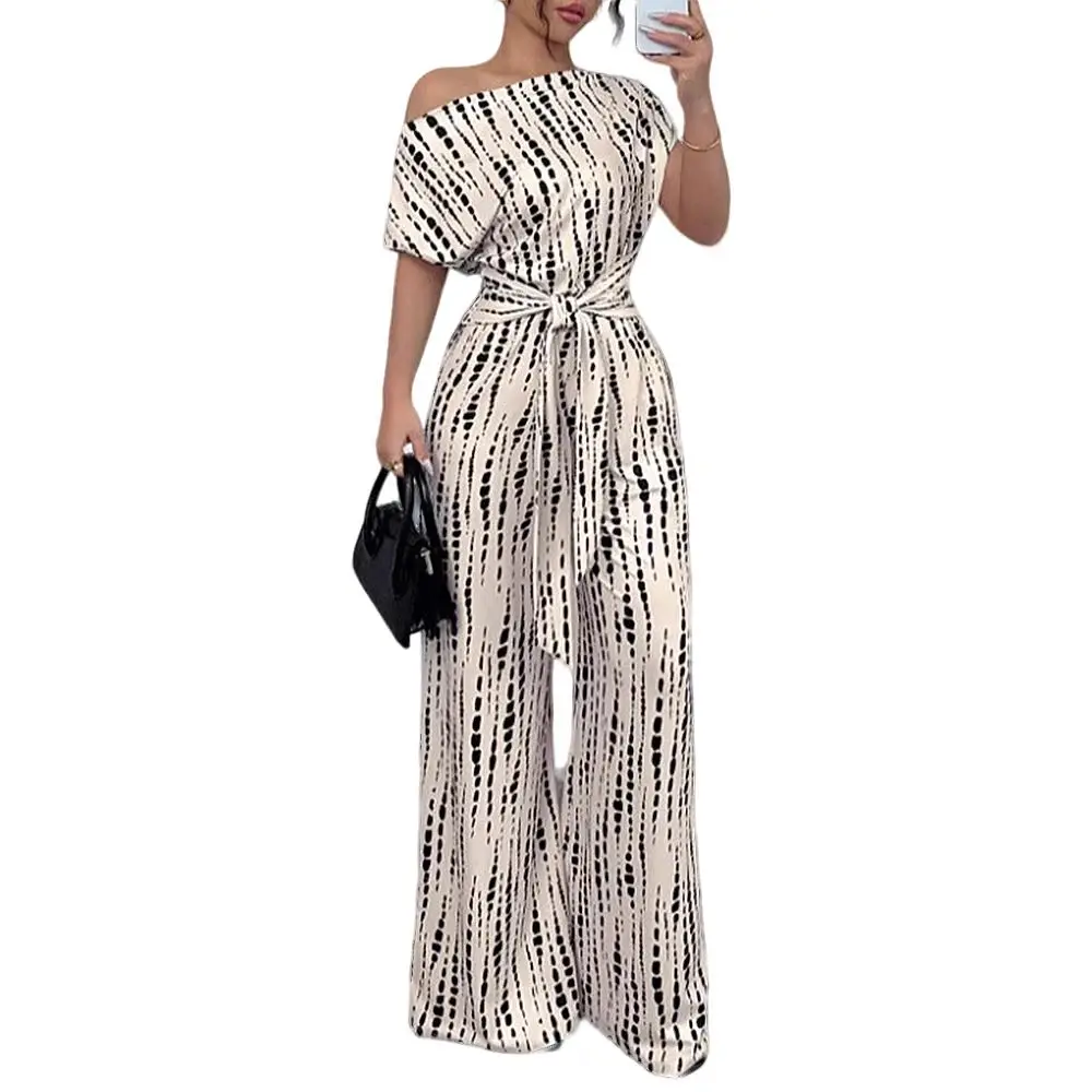 

Mia Muse Select Jumpsuits Mature Vibe Stylish 2025 Stripes One-Shoulder Short Sleeve Full Length Beach Jumpsuits For Women