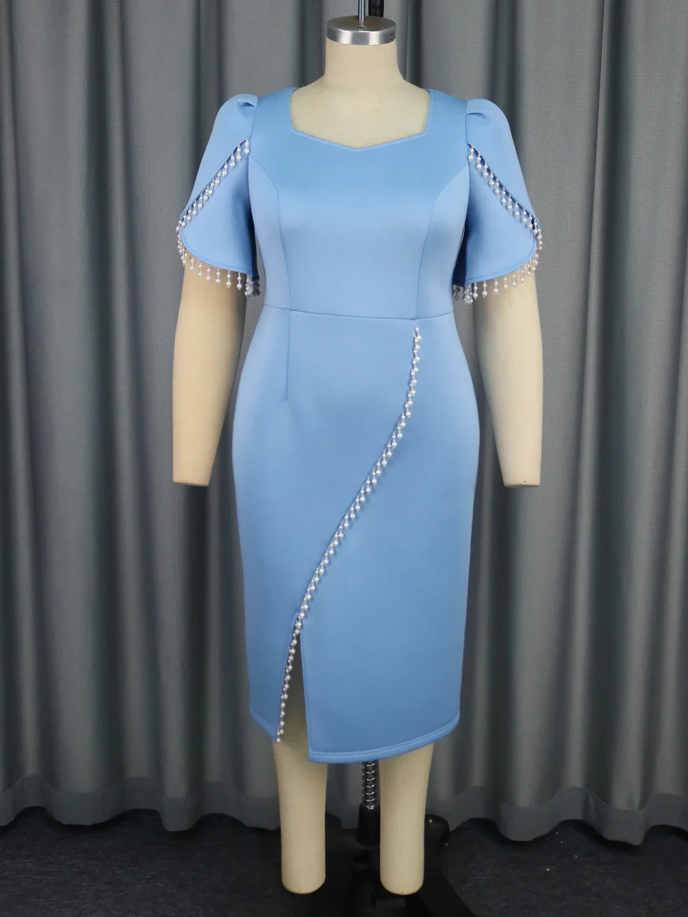 Abito da sera con nappe blu e collo quadrato, maniche corte, patchwork di perline, per abito da sposa da donna per occasioni speciali