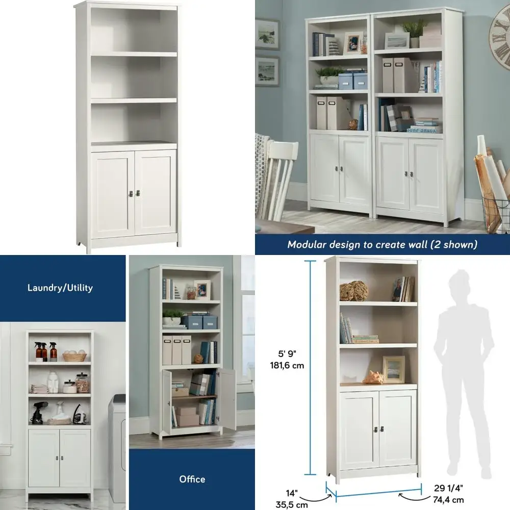 

White Library Bookcase with Storage, Doors, and Adjustable Shelves