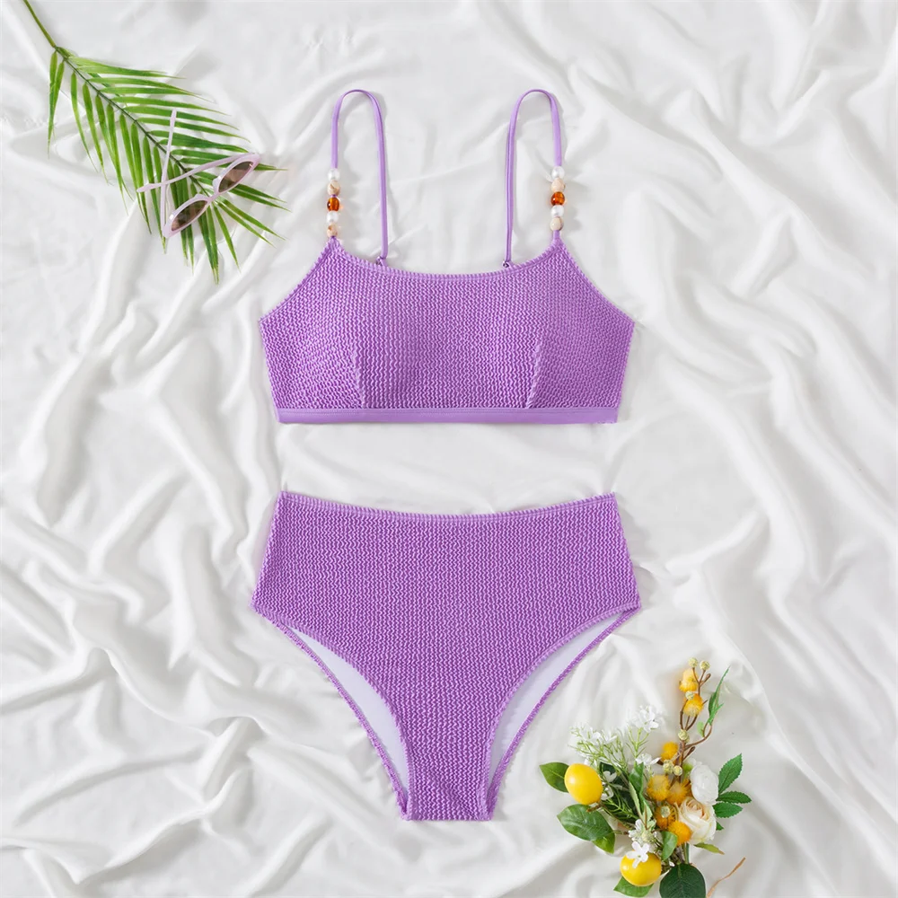 

Бикини на слинге из бисера фиолетовый Y2K жемчуг купальник с высокой талией в рубчик морщины пуш-ап отпуск купальники женский купальный костюм пляжное бикини