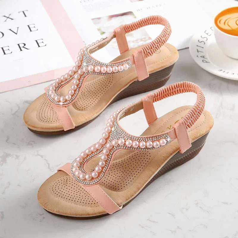 BEYARNELarge Size Sandals Summer Women Wedge Heel Sandals Diamond Beads Fashion Sandals Women Simple Casual Wild Shoes For Women