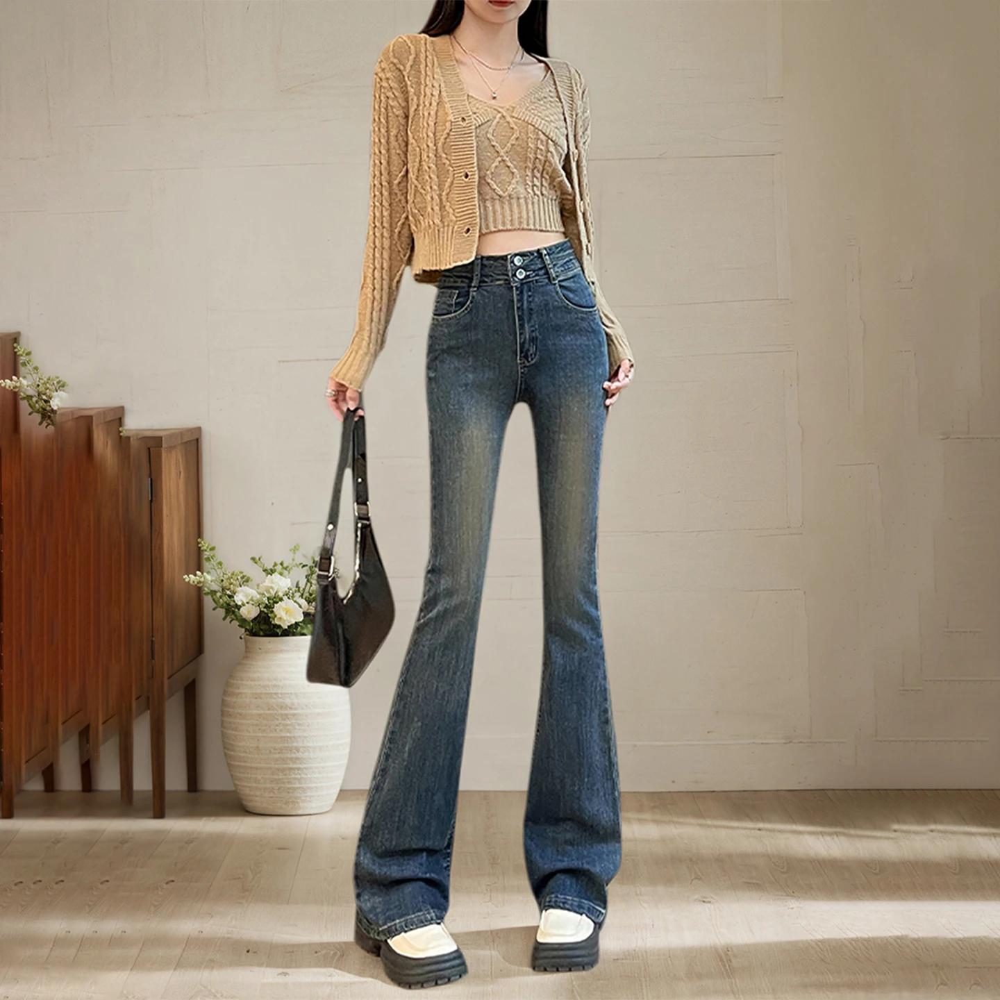 

High Waist Bell Bottom Jeans Women's Double Buckle Retro Cotton Stretch Denim Pants Slimming Elastic Floor Length Hoof ...