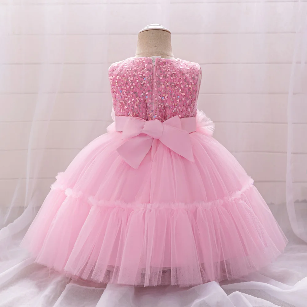 Fluffy Sequin Party Girl Dress Baby Pink Lace 1st Birthday Wedding Princess Dresses for Girl Bridemaid Prom Costume Kids Clothes