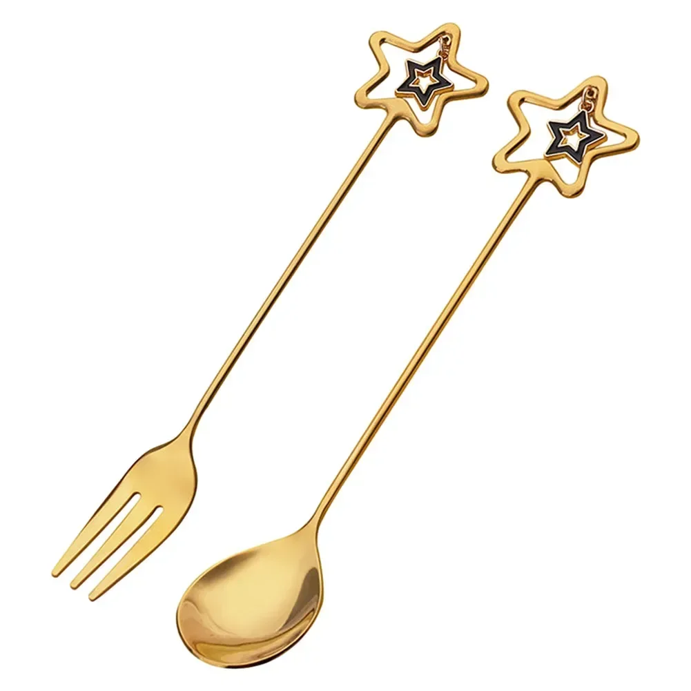 

Stainless Steel Spoon Fork Cutlery Set Five-pointed Star Pendant Long Handl Mixing Spoon Eid Mubarak Star Moon Spoon Forks