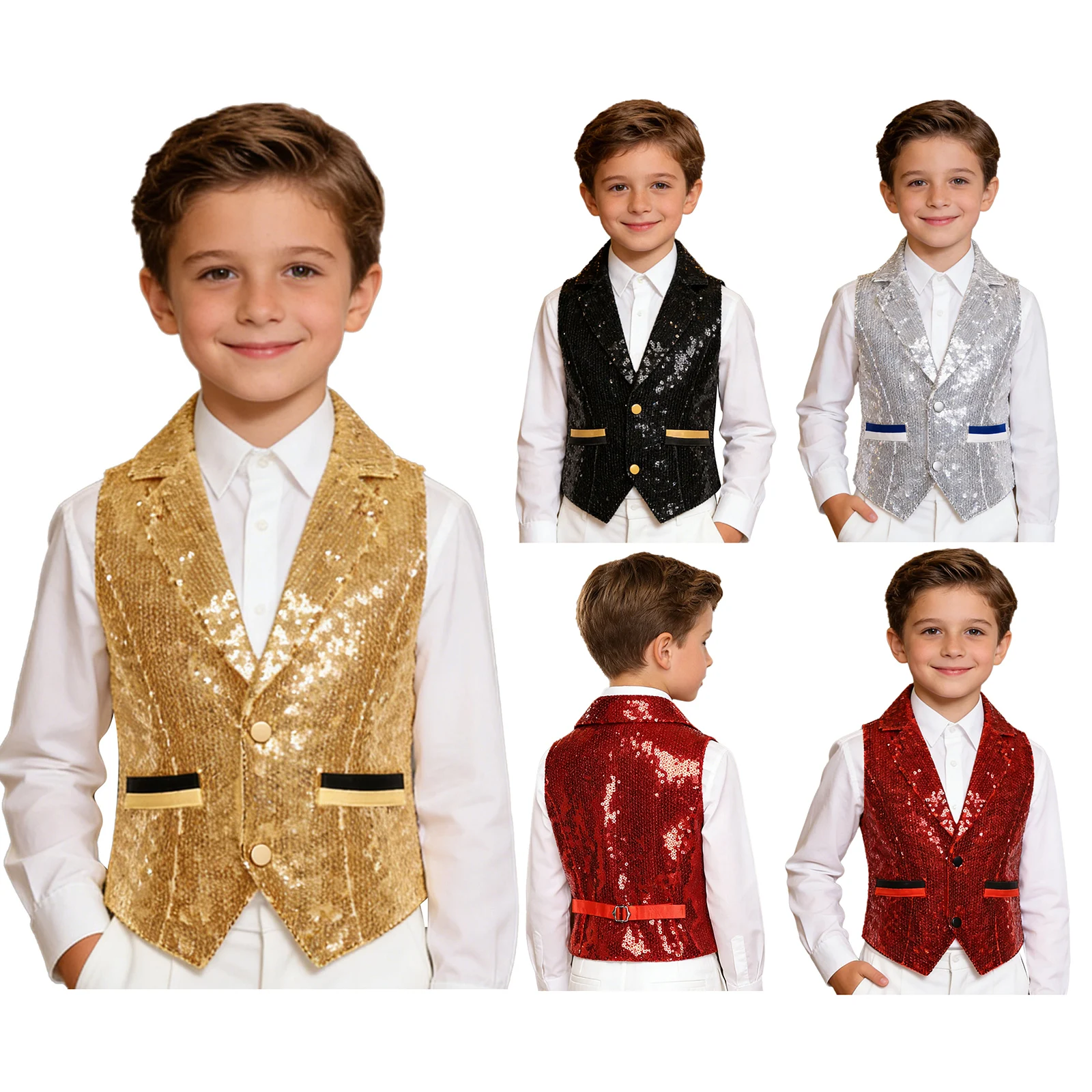 Children Boys Shiny Sequins Vest V Neck Button-up Fully Lined Jazz Dance Tank Top Wedding Party Banquet Choir Stage Waistcoat
