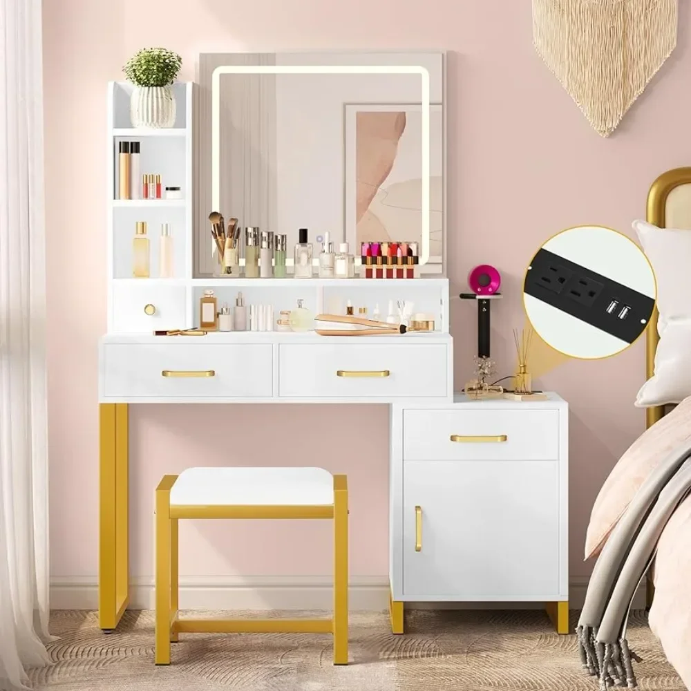 Vanity Desk with Mirror and Lights, Makeup Vanity with Lights and Drawers, Vanity Mirror with Lights and Table Set, White