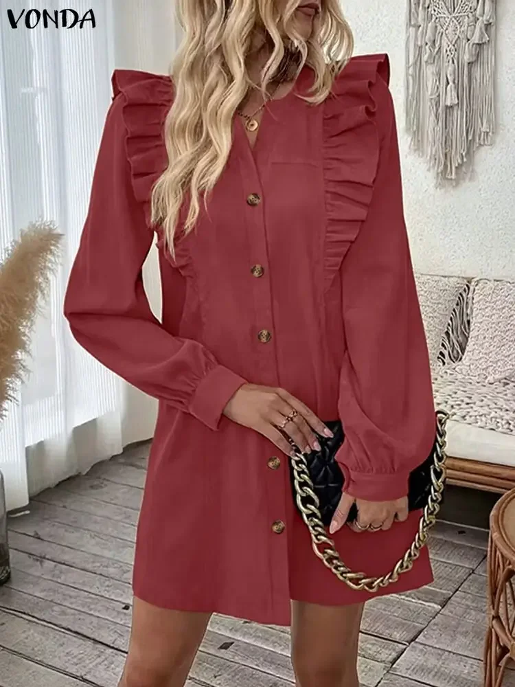 فساتين فوندا للحفلات الأنيقة للنساء مثيرة بياقة على شكل v وأكمام طويلة فستان صيفي صغير متين 2026 ربيعي غير رسمي فضفاض مكشكش ملابس الشارع الشهير #2