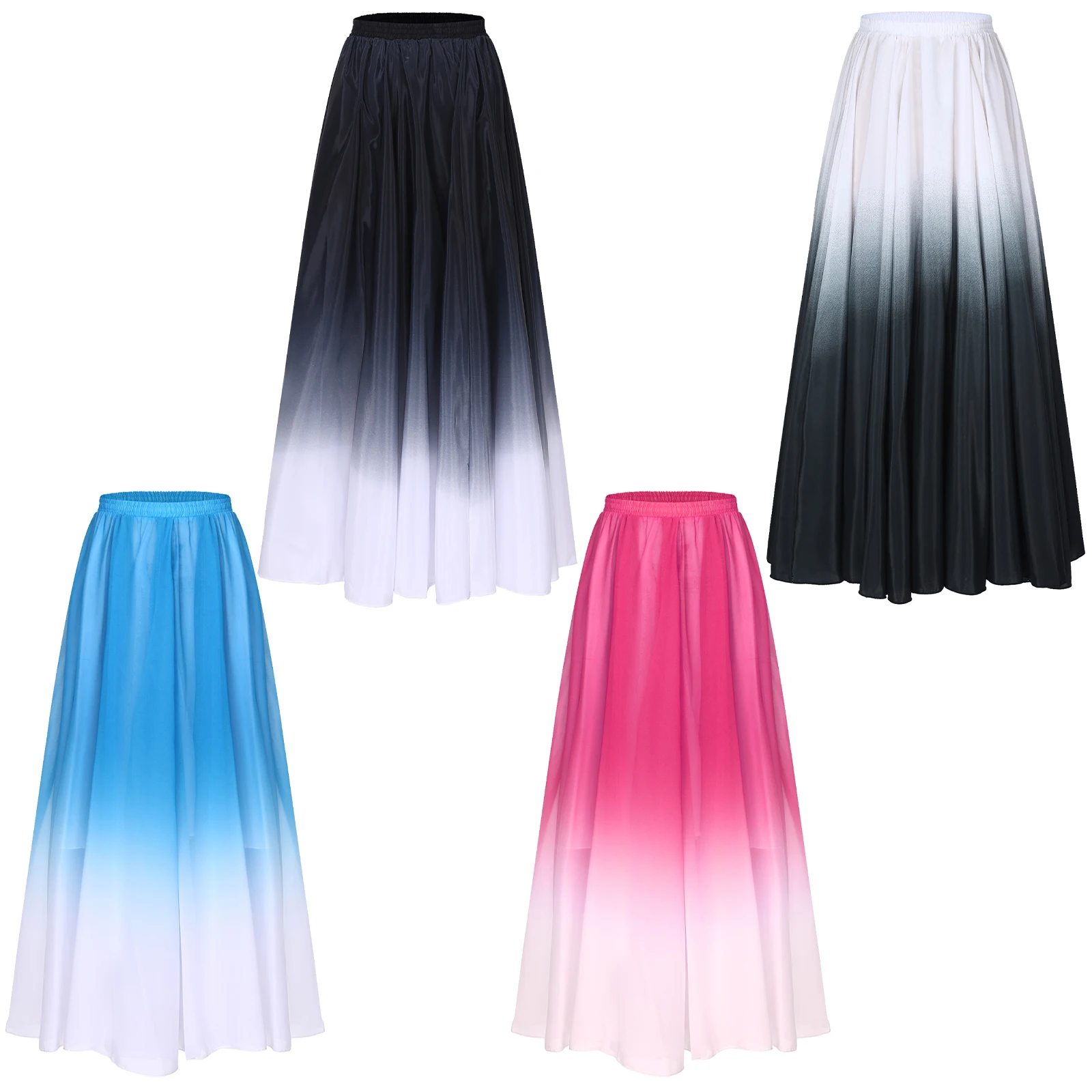 Women Lyrical Ballroom Dance Skirt Long Swing Sheer Wrap Skirt Gradient Color 360 Degree Wide Hemline Dancewear for Performance