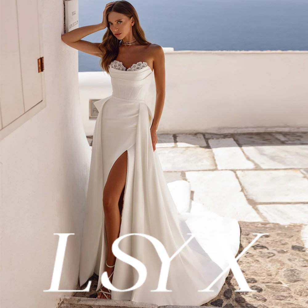 LSYX – robe de mariée en Satin, personnalisée, sans bretelles, épaules dénudées, ornée de fleurs, Corset, fente latérale haute, traîne détachable, élégante
