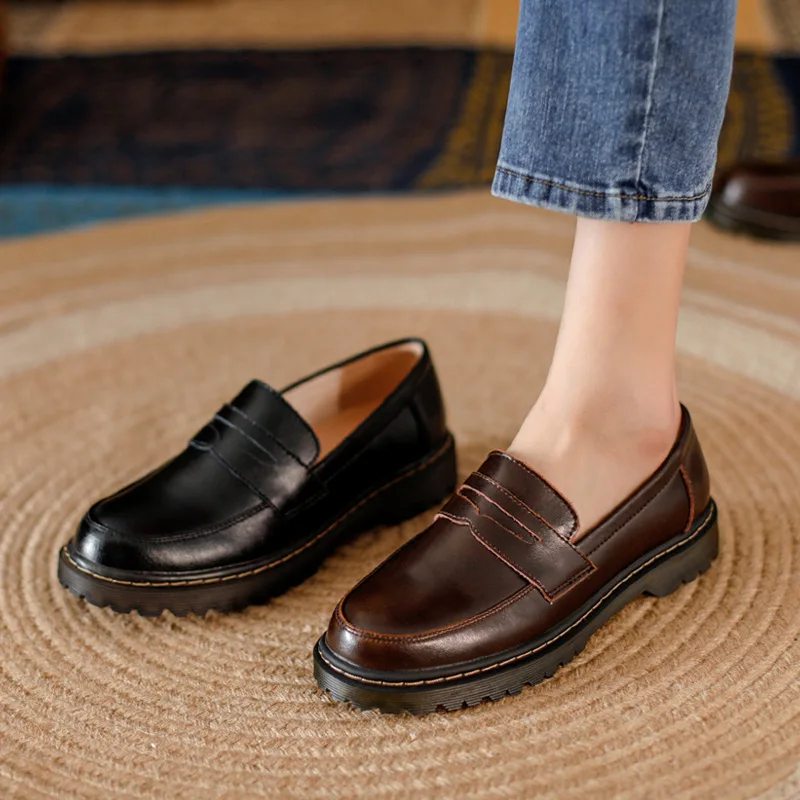 

Vintage Leather Lefu Shoes Flat Shoes English Simple Women's Leather Shoes Brown Black