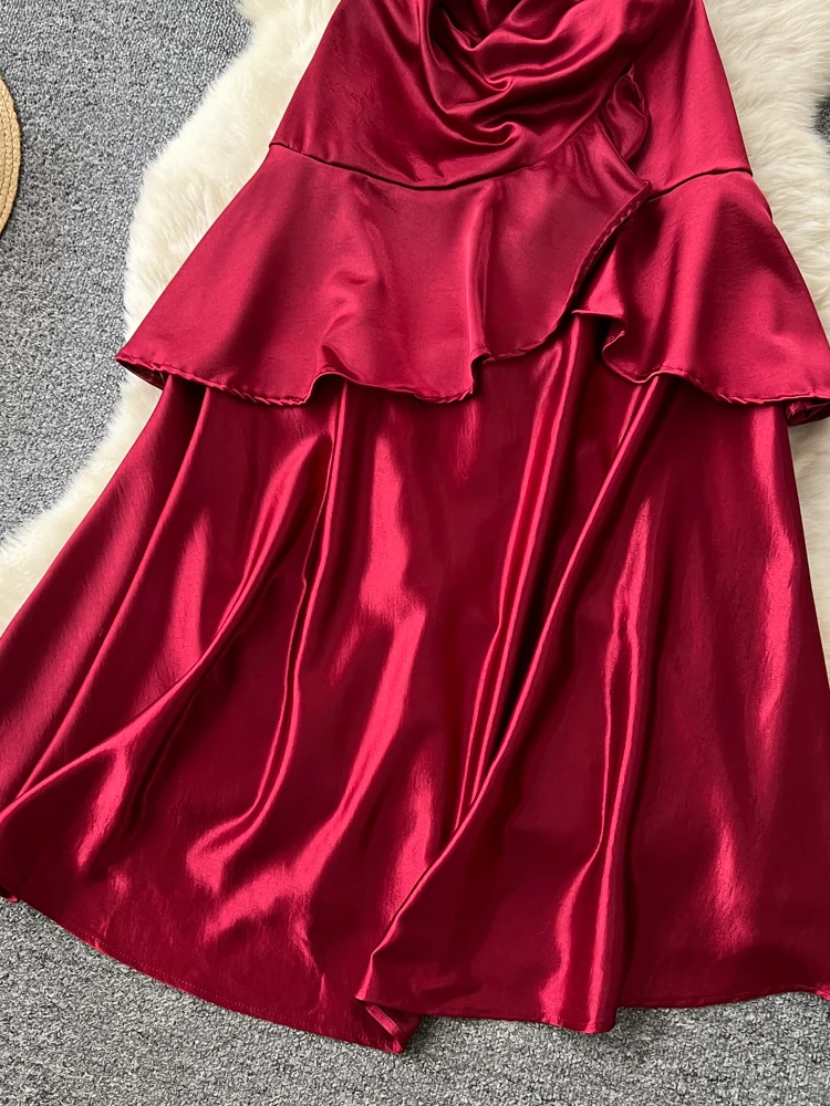 تنورة نسائية متوسطة الطول من الساتان والحرير باللون الأحمر على شكل حرف a بخصر عالٍ فستان مناسب للتنقل الفرنسي Sle Ci