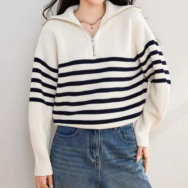 

Quarter Zipper Sweater Women Long Sleeve High Collar Rib Knit Pullover Casual Striped Sweater Jumper Fall Winter Outfit