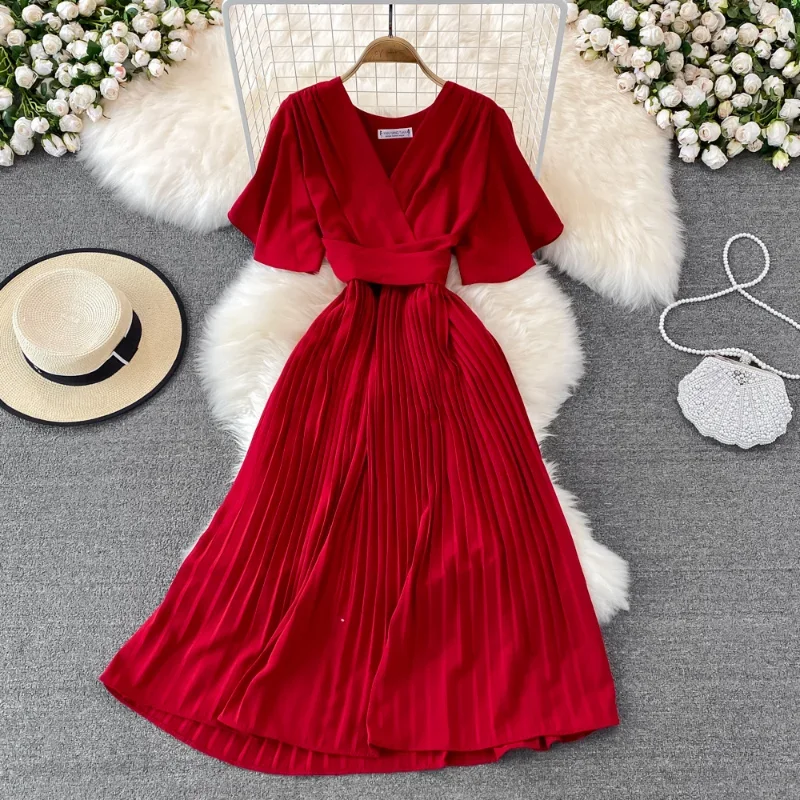 

New Women Dresses Elegant Pleated Dress Summer Short Sleeve V-neck Vintage Dresses Ladies A Line High Waisted Midi Dress