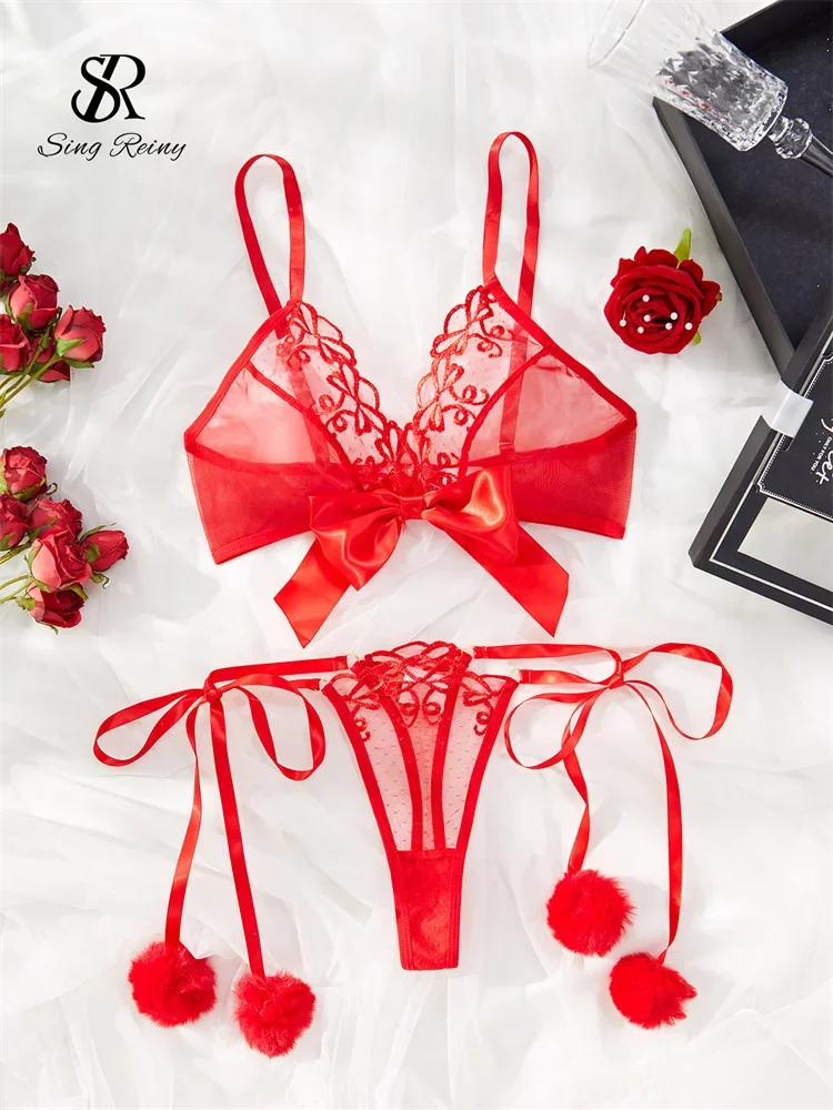 

SINGREINY Cute Christmas Erotic Lingerie Suits 2024 Fashion Wool Spliced Sleepwear Female Bow Gauze Sheer Sexy Underwear Sets