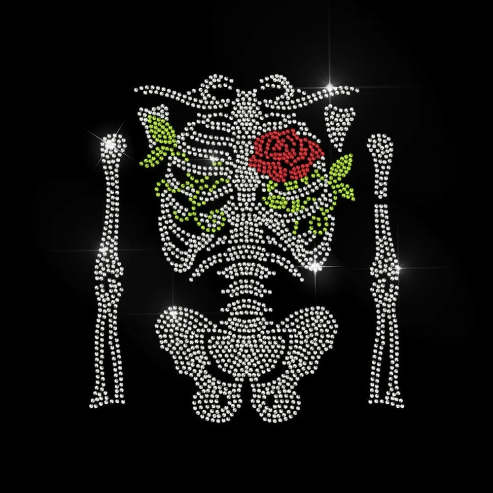 Skeleton Rose Rhinestone Iron on Hotfix Transfer Ribs Hand Bones Clear Bling DIY Patch Clothing Repair Skeleton Flower Hot