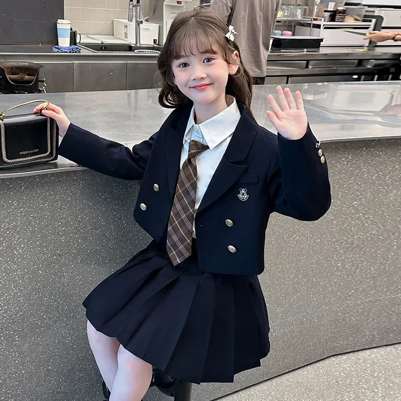 Girls Spring and Autumn New Suit Jacket Cotton Shirt Pleated Short Skirt College Style High Quality Three Piece Set