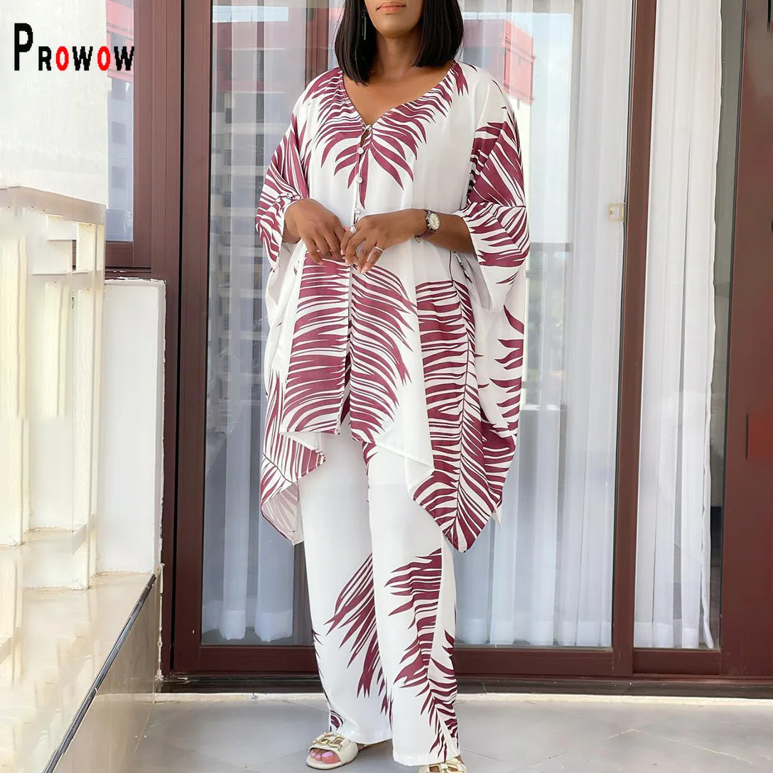 Prowow Loose Style Women's Two Piece Suits V-neck Long Sleeve Print Tops Wide Leg Pant Summer Female Clothing Set Muslim Sets