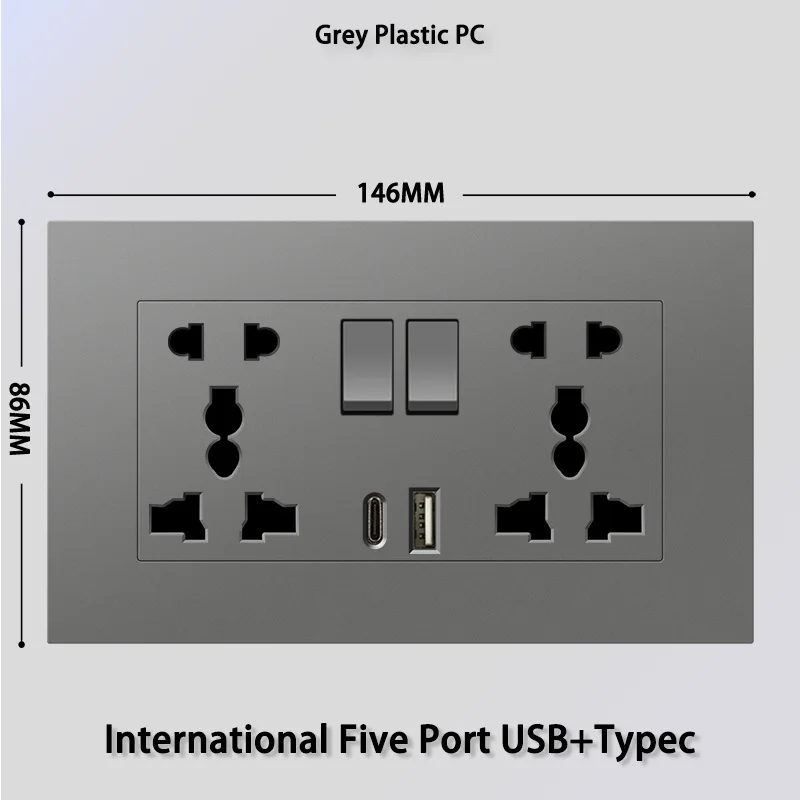 Wall PC British standard 146 double 2Gang13A multifunctional universal 3pin 5-hole USB charging socket panel with Type-C plug