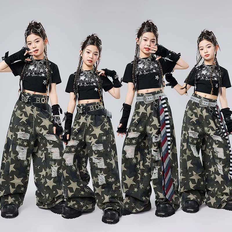 

New Children Jazz Dance Clothes Girl Kpop Stage Outfit Black Crop Top Camouflage Pants Street Dance Performance Clothing AMY3708