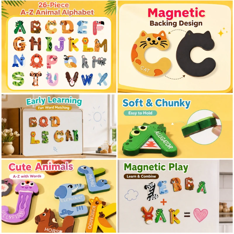 26Pcs Animal Alphabet Fridge Magnets,Soft Rubber ABC Letter Refrigerator Magnet,Educational Learning Toy for Kids