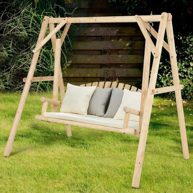 

Outdoor Wooden Swing with A-Frame for 2 Person, Rustic Hardwood Swing Chair for Patio Garden Yard, 6.5' Wooden Swing Bench