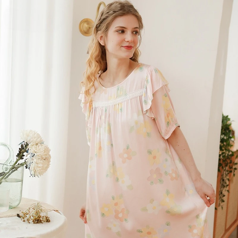 فستان نوم فرنسي عتيق مزين بالزهور للنساء صيفي بأكمام قصيرة من الدانتيل ثوب نوم الأميرة كشكش الجنية ملابس منزلية قميص نوم فضفاض #6