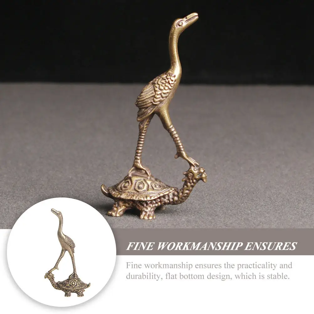 Retro Brass Turtle Crane Statue Small Creative Desktop Decor Office Home Tabletop Ornament Tea Pet Adornment Vintage Animal view 2