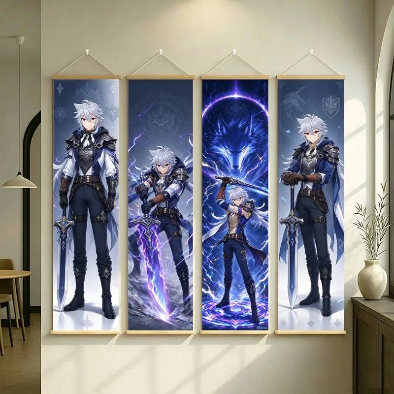 Hanging Scroll Wall Art of Genshin Impact Lohen in Dark Blue Fantasy Attire on Silver Shimmer Canvas for an Anime Bedroom