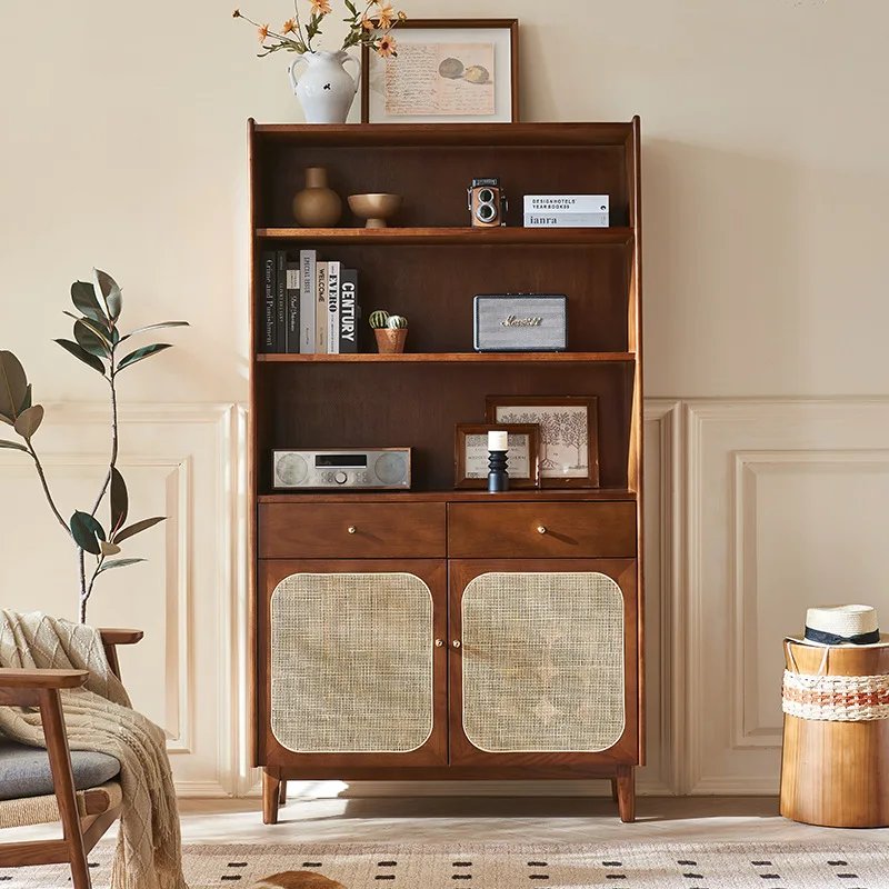Nordic solid wood bookcase small household floor rattan display cabinet