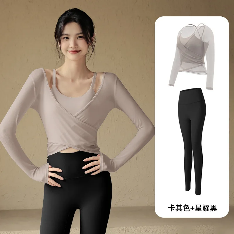 Autumn winter WomenYoga Pilates Fitness Long Sleeve Chest Pad mesh T-Shirt crop Top + leggings elastic pants tracksuit fitness
