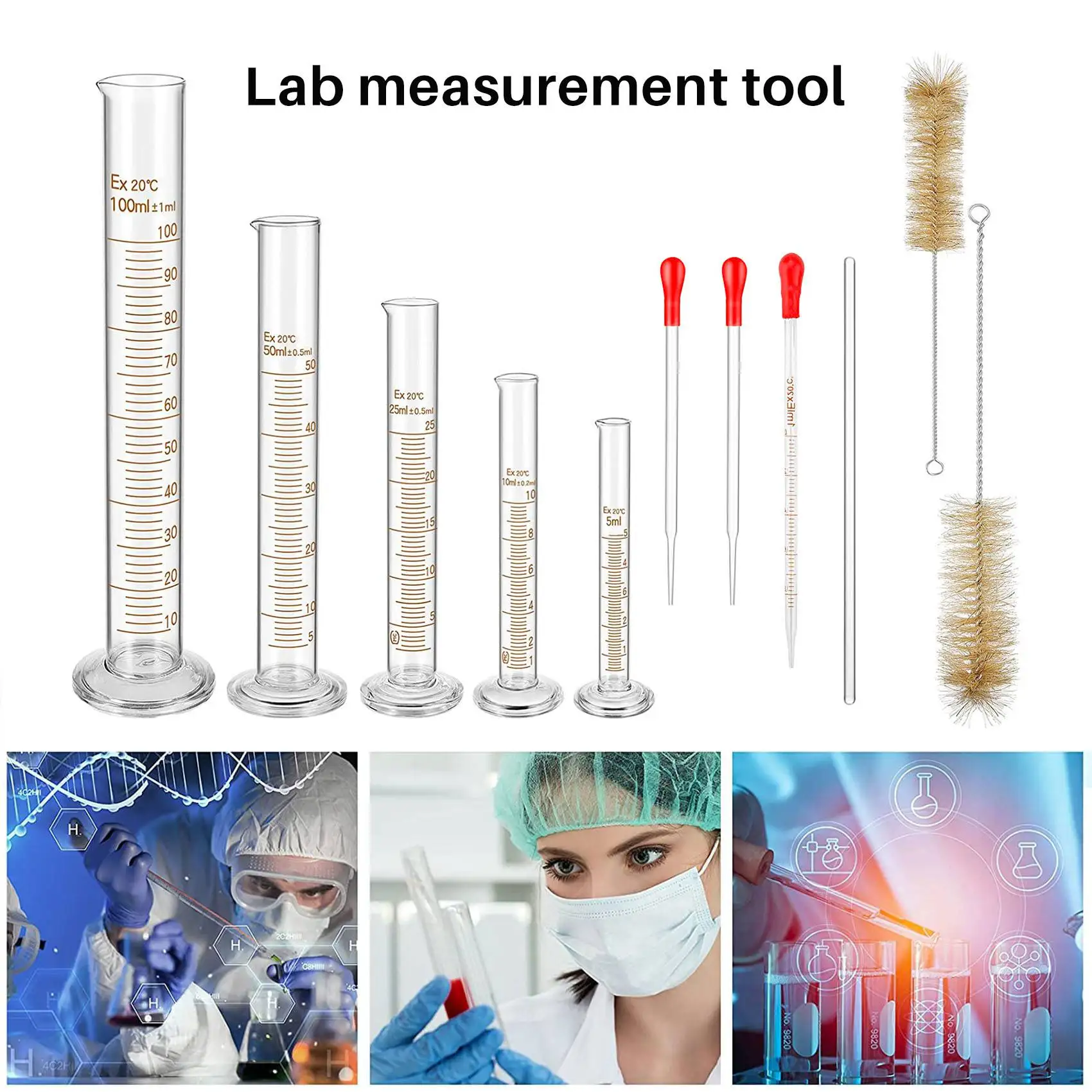 Juego de cilindros de medición graduados de vidrio, Kit de cilindros de borosilicato Premium con 3 pipetas + 2 cepillos + 1 varilla de agitación