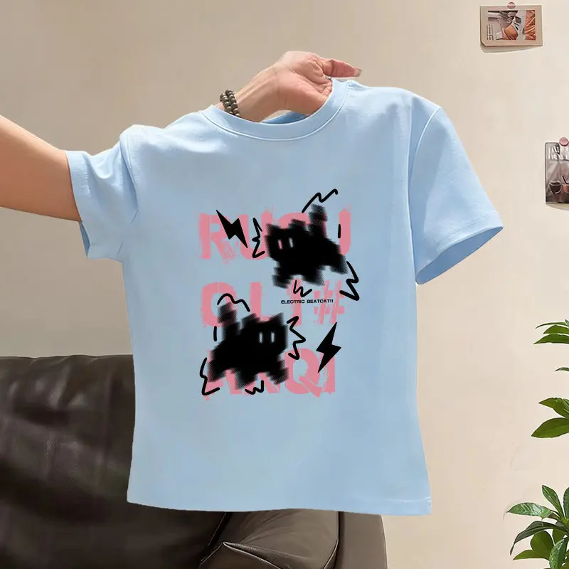 

Cotton Children's T-shirt Graffiti Lightning Cat Cartoon Print Casual Parent-child Outfit Men's and Women's Short Sleeved Summer
