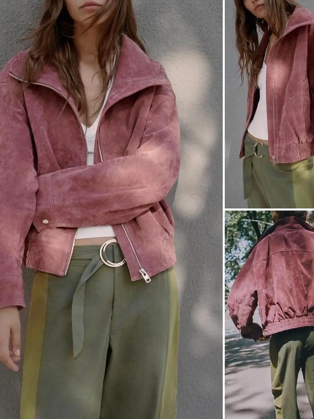 Loose Fit Pilot Jacket Outerwear Female Polyester Fiber Long Sleeve Zipper Closure Stand Collar Imitation Leather Effect Autu...