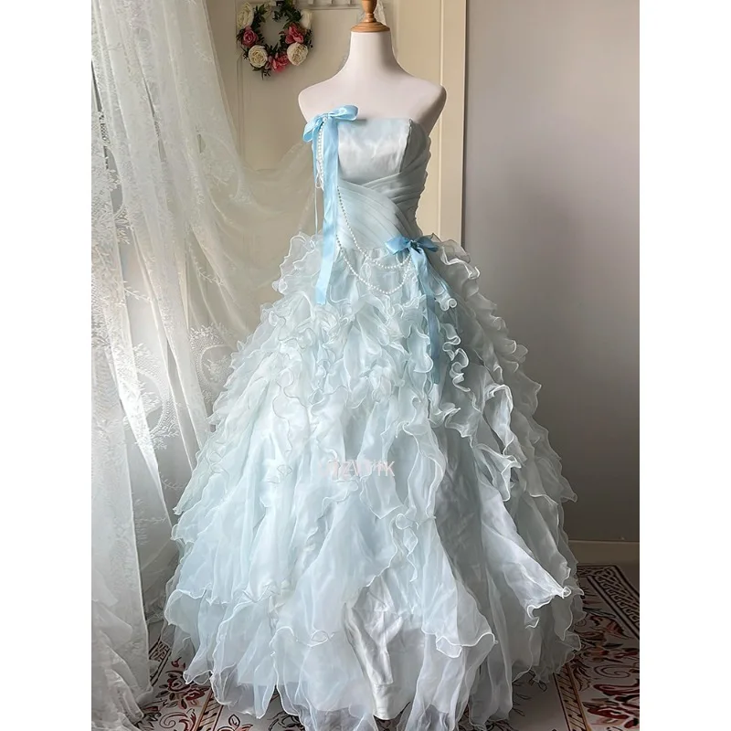 

Blue A-Line Evening Long Dresses Strapless Sleeveless Ruffles Formal Party Gown Elegant Women's Wedding Guest Dress Customized
