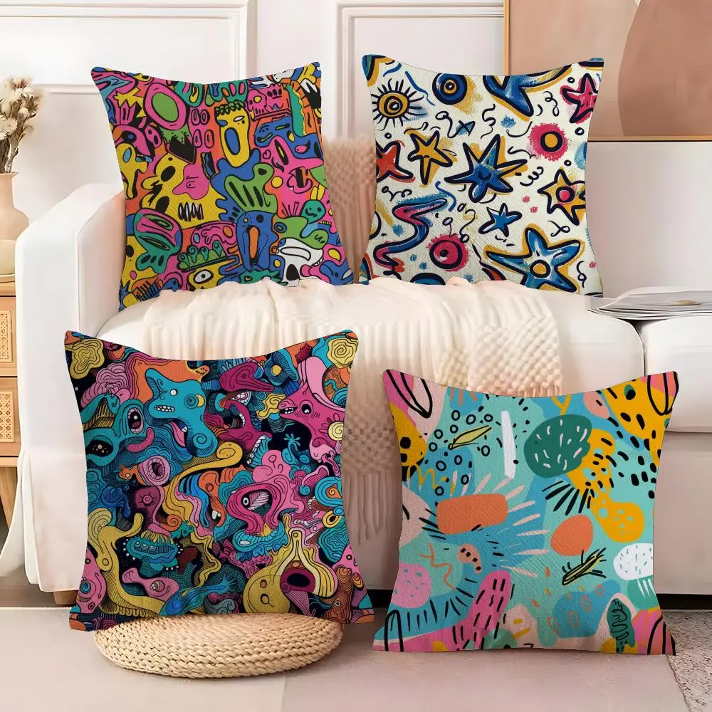 Cute Graffiti Decorative Cushion Cover  Plush Fabric Soft Double Sided Print Sofa Cushion Cover Throw Pillow Covers