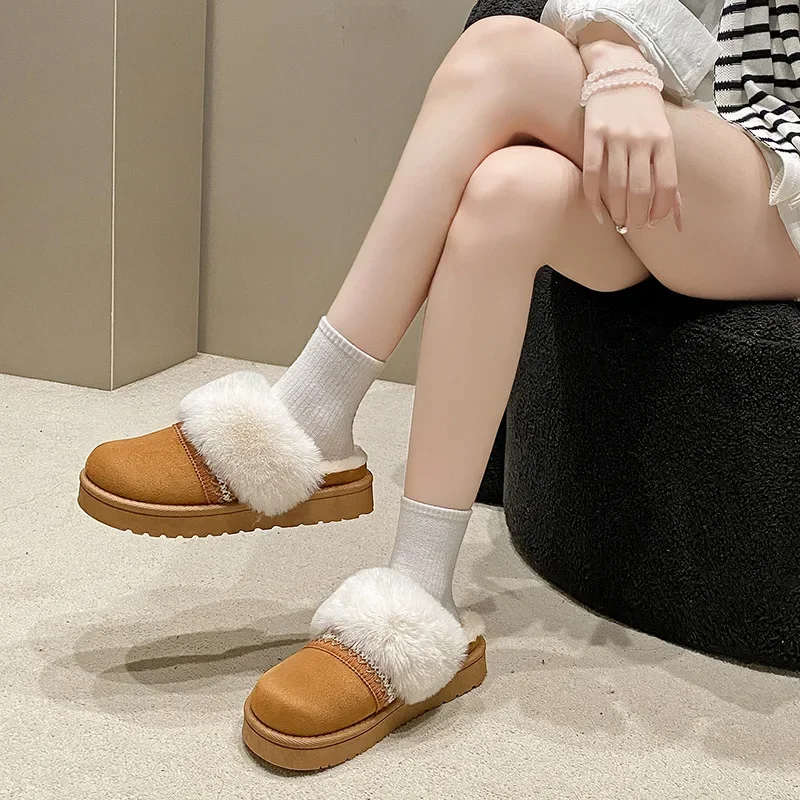 2025 الشتاء الجلد المدبوغ الراحة سميكة وحيد نعال مسطحة موضة جديدة مستديرة رئيس دافئ كبير الحجم النعال غير رسمية للنساء 36-41 #5