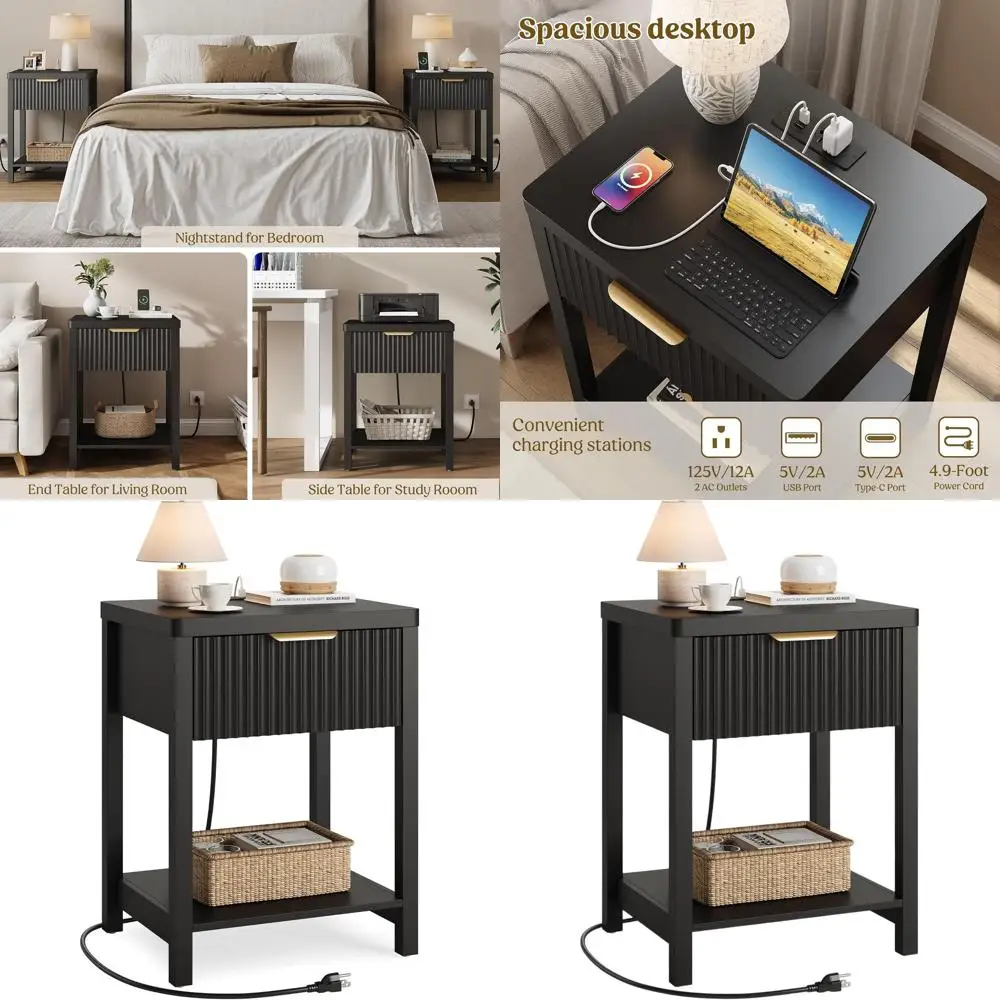 

Contemporary Black Nightstand with Fluted Design, Charging Station, Storage Drawer for Bedroom, Space-Saving End Table (Set of 1