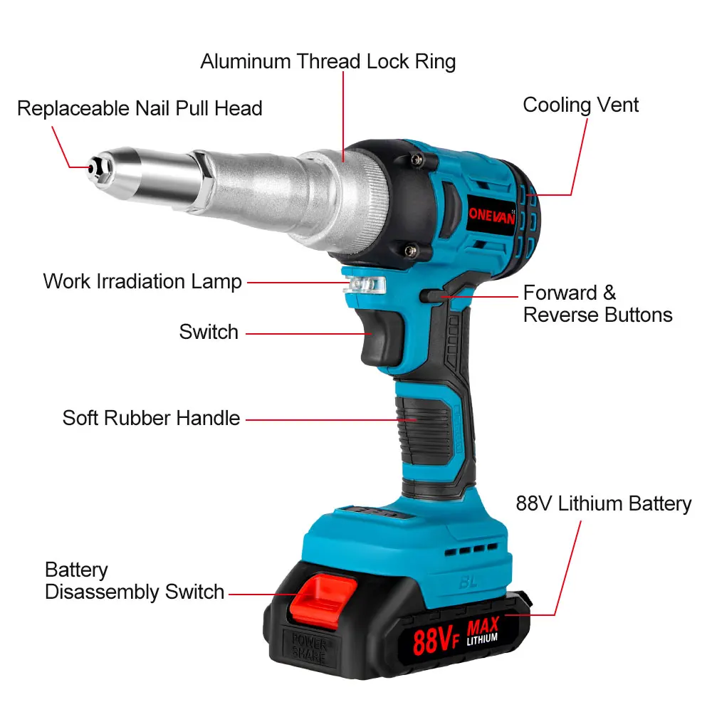 720W 20000N Brushless Electric Rivet Gun Cordless Rivet Nut Gun Drill Power Tools For Makita 18V Battery