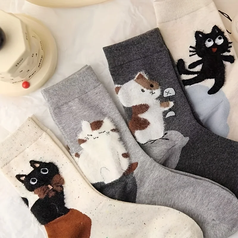 4-Pair Autumn New Arrival Simple and Sweet Design Cartoon Cat Heel with Kitten Following, Ins-Style Mid-Calf Socks