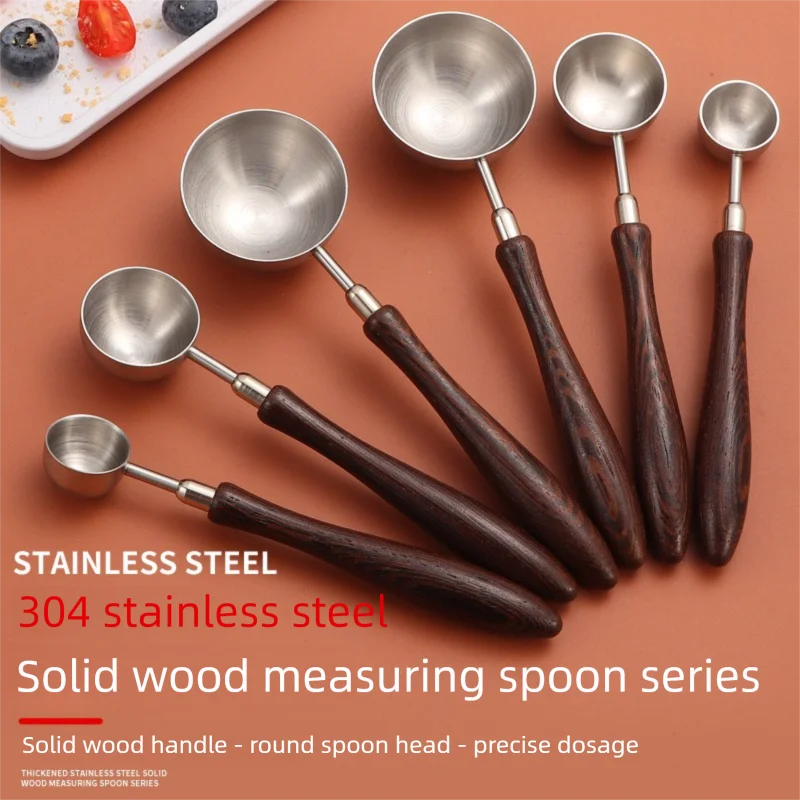 Chicken Wing Wood Long Handle Measuring Spoon 304 Stainless Steel Coffee Powder Scoop High Grade Kitchen Baking Measuring Tool