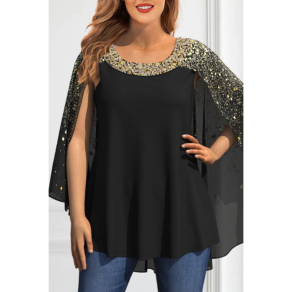 

Plus Size Dressy Black Chiffon Sparkly Sequin Bronzing Print Cape Sleeve Blouse Round Neck Tops