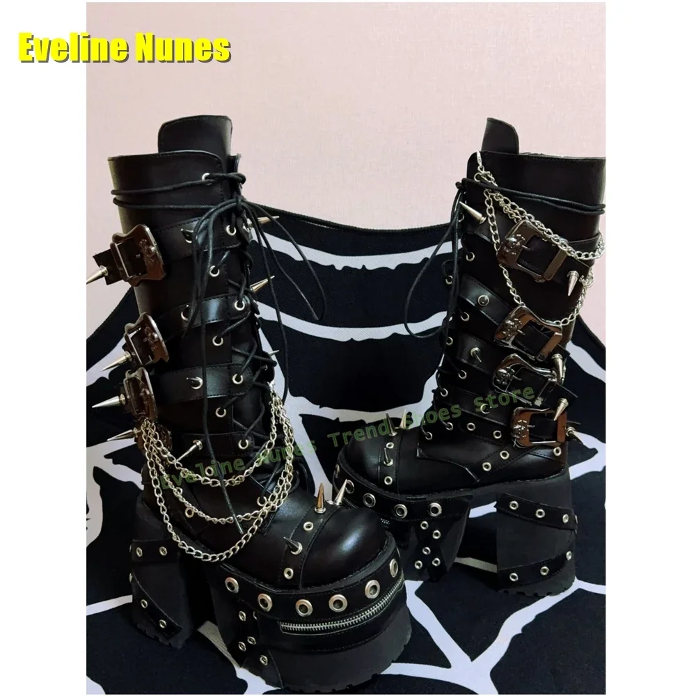 Metal Rivet Spike Chain Motorcycle Boots Round Toe Thick Sole Cross Tied Punk Zipper Decoration Knee High Boots Subculture Style