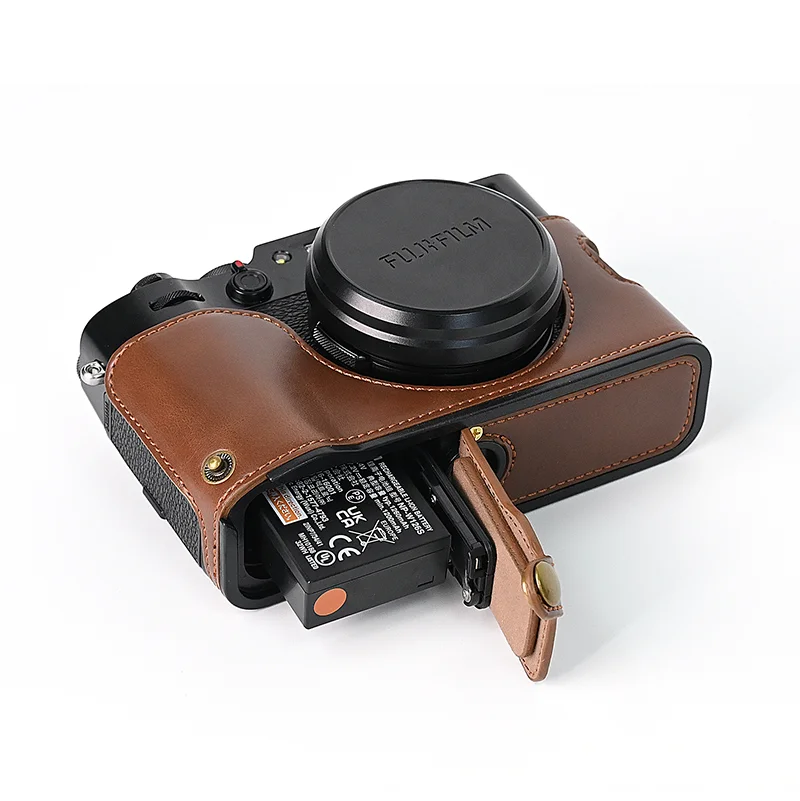 Camera Bag PU Leather Case Half Body Base Protector for Fujifilm Fuji X100V Protective Opening Bottom Cover with Wrist Strap