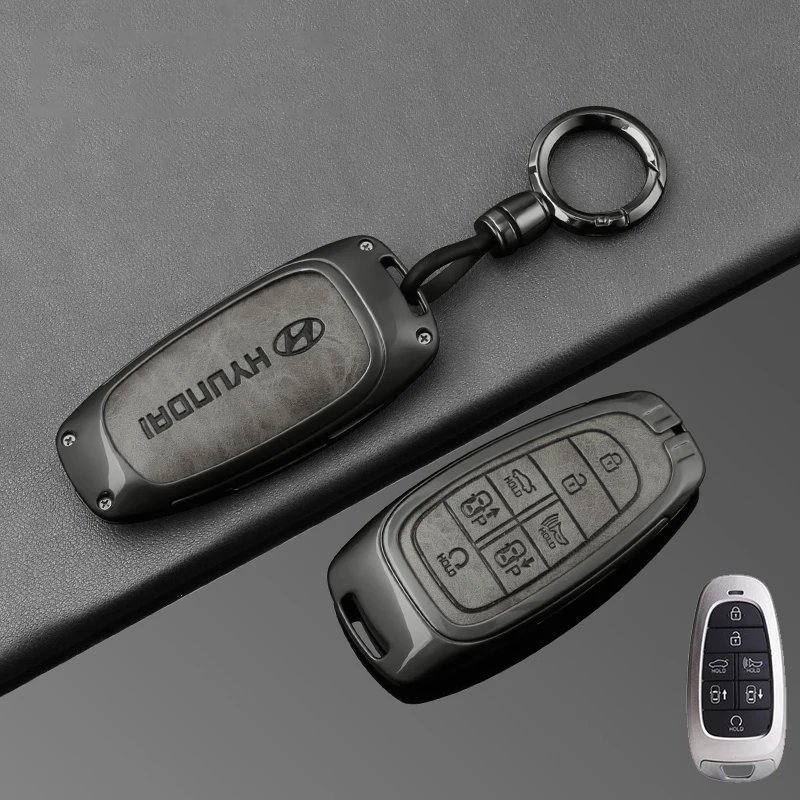 Zinc Alloy Leather Car Smart Key Case Fob Cover Keychain For Hyundai Tucson Solaris Sonata Hybrid NEXO NX4 Santafe dn8 2020-2022